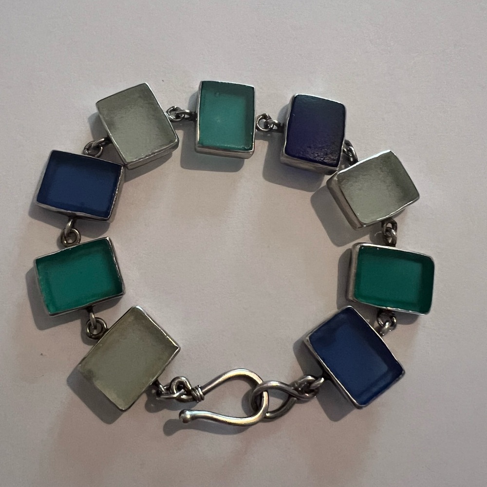 Jessica Lee JL 925 Sterling Silver Sea Glass 9 Panel Link Bracelet Toggle Clasp